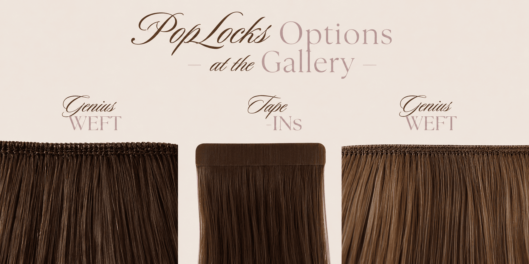 The Gallery A Beauty Studio - Three types of hair extensions labeled Genius WEFT on the left and right, and Tape-INS in the center, all under the title PopLocks Options at the Gallery..