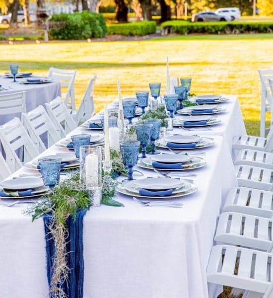 Wedding reception table setup on Magnolia Lawn Litchfield Beach Golf Resort SC