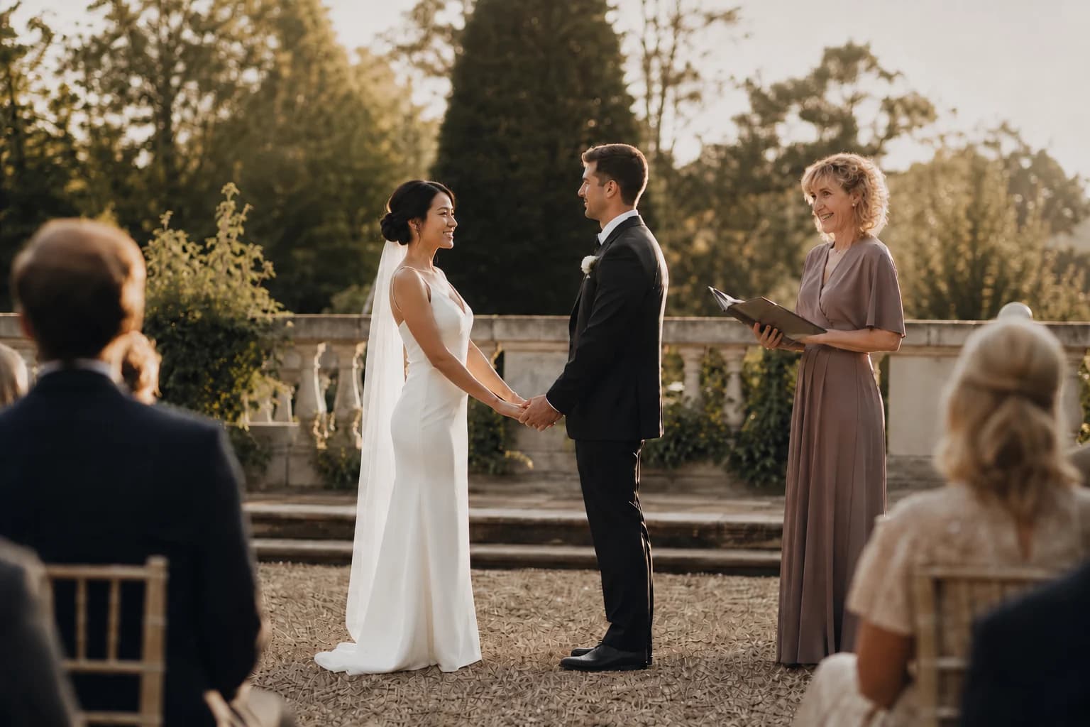 Weddings by GOLD - Carole officiating as a couple exchanges vows during an intimate outdoor ceremony.